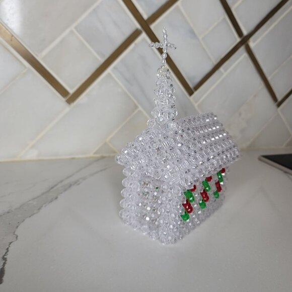 Handcrafted Beaded Church With Cross Clear Red & Green Beads sparkle table decor - Picture 5 of 9